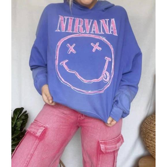 NEW DAYDREAMER nirvana smiley oversized hoodie in sun faded cobalt